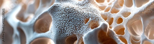 Detailed closeup of human bone structure, showing the intricate and porous texture of bone tissue, scientific and anatomical
