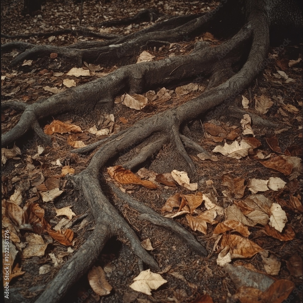 A close-up of a forest floor, with tree roots winding through the soil and fallen leaves scattered around A close-up of a forest floor, with tree roots winding through the soil and fallen leaves scattered around