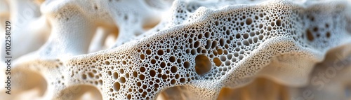 Detailed closeup of human bone structure, showing the intricate and porous texture of bone tissue, scientific and anatomical photo