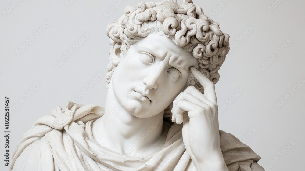 Marble statue of a thoughtful man with curly hair and draped clothing, AI Marble statue of a thoughtful man with curly hair and draped clothing, AI