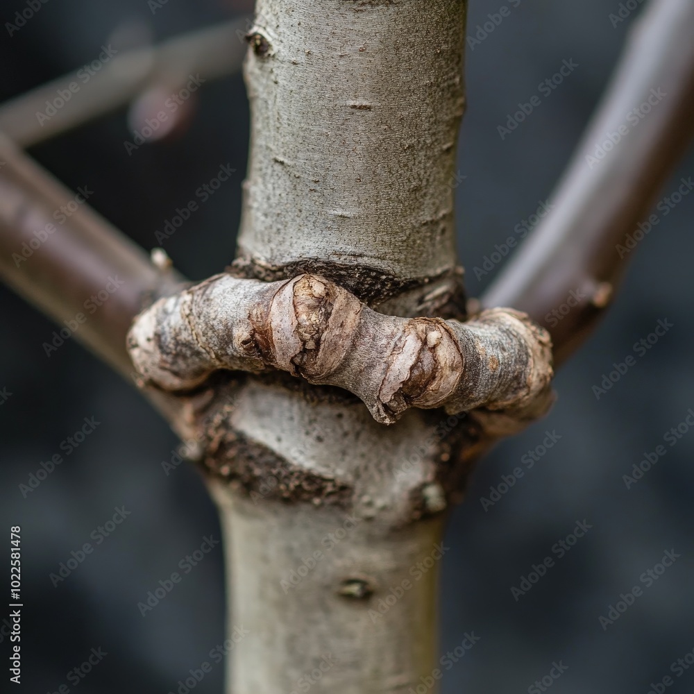 A close-up of a freshly grafted tree, showing the join where two species meet and grow together A close-up of a freshly grafted tree, showing the join where two species meet and grow together