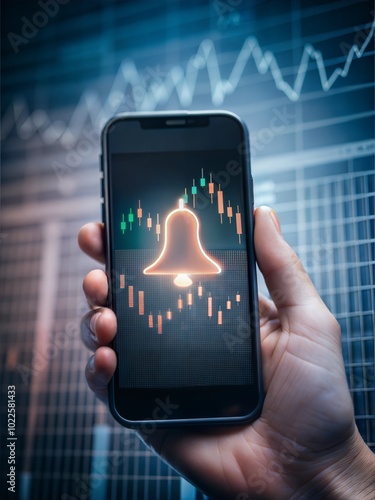 Hand holding smartphone displaying a bell notification with stock market chart. photo