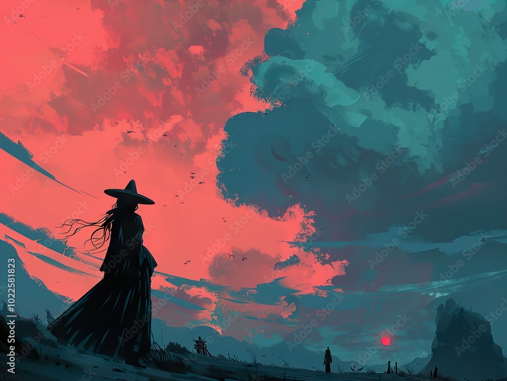 Silhouette of a Woman in a Hat Against a Sunset Landscape Silhouette of a Woman in a Hat Against a Sunset Landscape