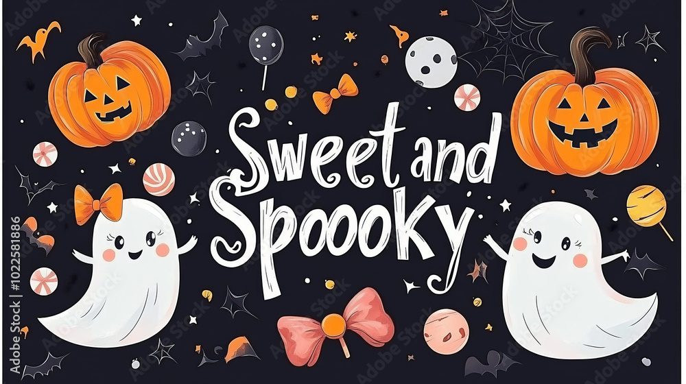 A fun Halloween sticker sheet with cute pumpkins, ghosts, candy, and the words A fun Halloween sticker sheet with cute pumpkins, ghosts, candy, and the words