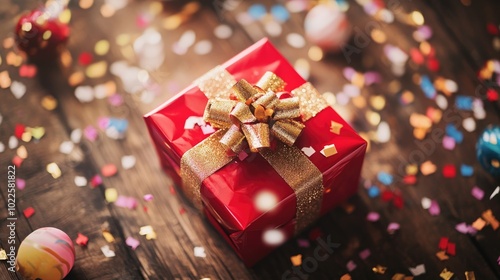 Festive Red Gift with Glowing Bow and Confetti Decorations