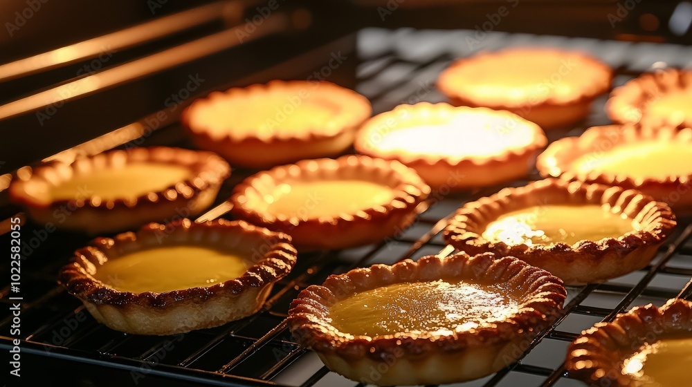 Close-up of freshly baked golden egg tarts on a wire rack in an oven. Close-up of freshly baked golden egg tarts on a wire rack in an oven.
