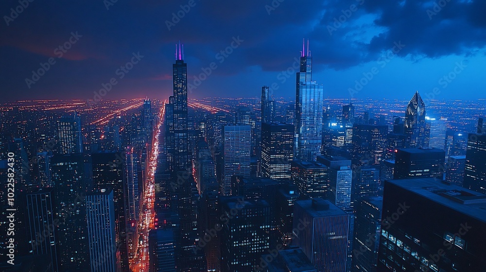 Aerial view of a modern city skyline at night with skyscrapers and street lights. Aerial view of a modern city skyline at night with skyscrapers and street lights.
