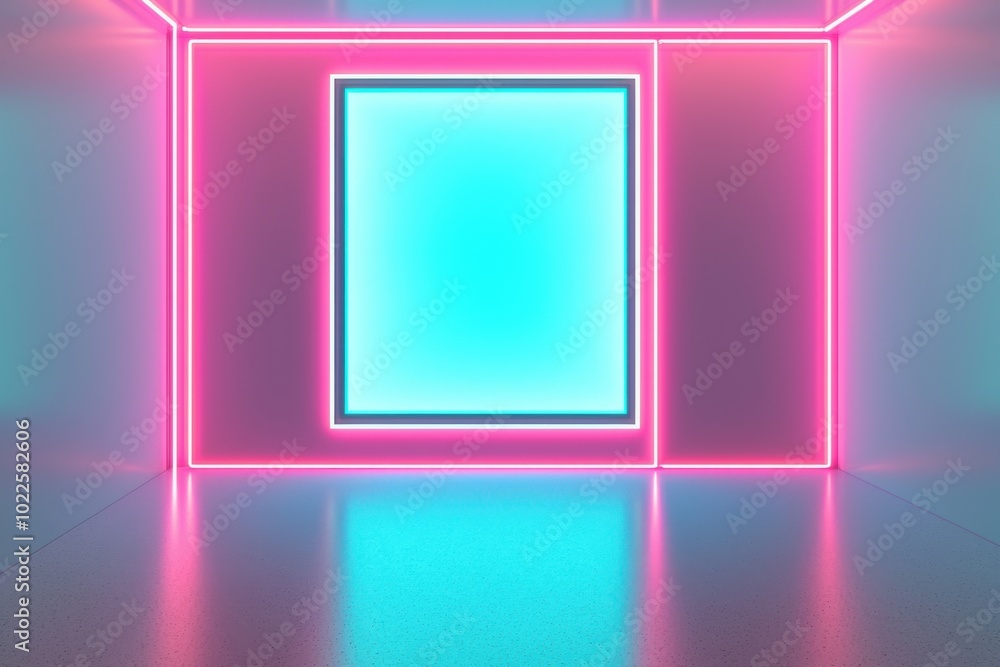A futuristic room illuminated with neon lights, featuring a glowing square, creating a vibrant and modern atmosphere. A futuristic room illuminated with neon lights, featuring a glowing square, creating a vibrant and modern atmosphere.
