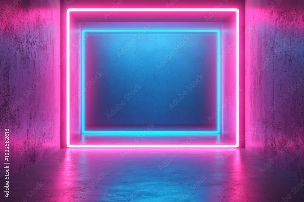 A modern, illuminated space featuring vibrant neon frames in pink and blue, creating a visually striking atmosphere. A modern, illuminated space featuring vibrant neon frames in pink and blue, creating a visually striking atmosphere.