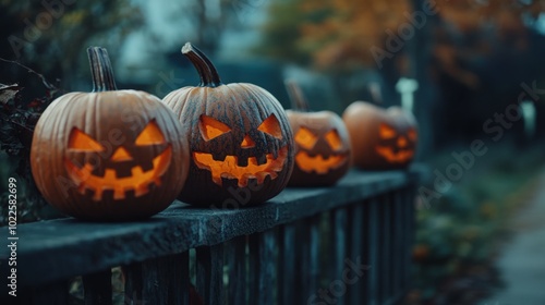 Multiple carved pumpkins with different expressions sitting on a fence..