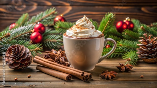 A cozy cup of hot chocolate with cream, cinnamon, and festive decorations.