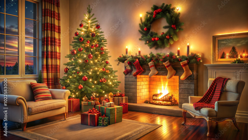 Obraz premium Cozy Christmas living room with decorated tree and warm fireplace.