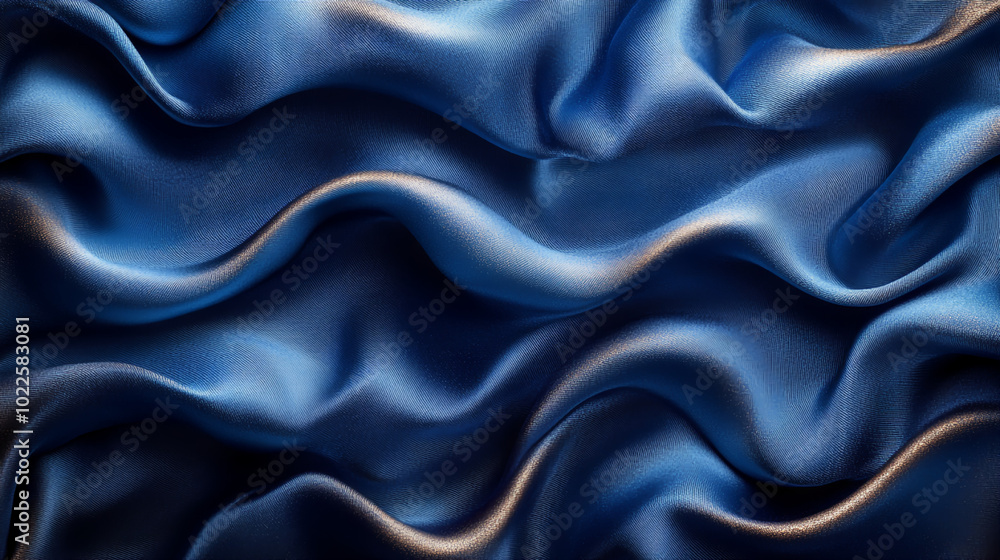 Fototapeta premium Luxurious blue satin fabric with soft, flowing folds creating a smooth and glossy texture