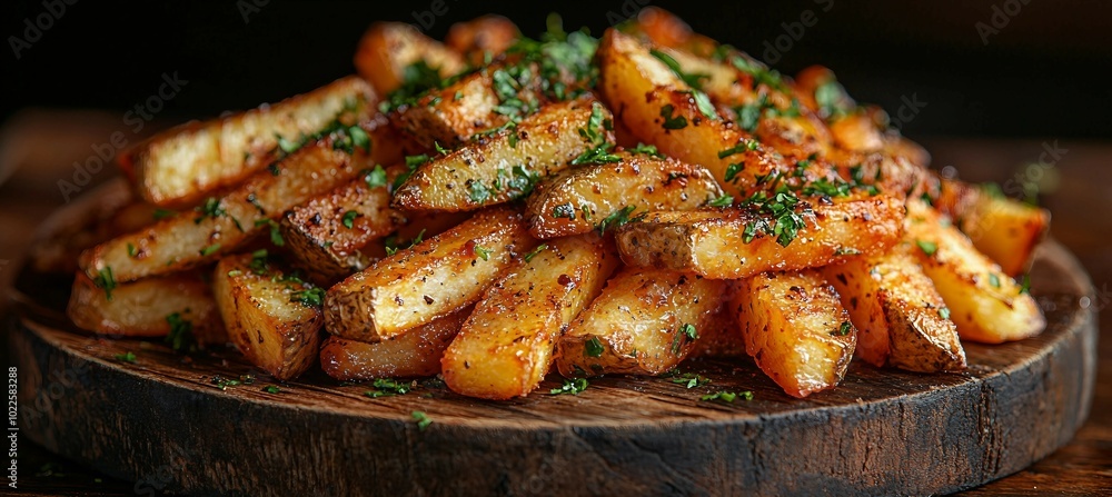 Crispy Fried Potato Wedges with Parsley Garnish on a Wooden Cutting Board Crispy Fried Potato Wedges with Parsley Garnish on a Wooden Cutting Board