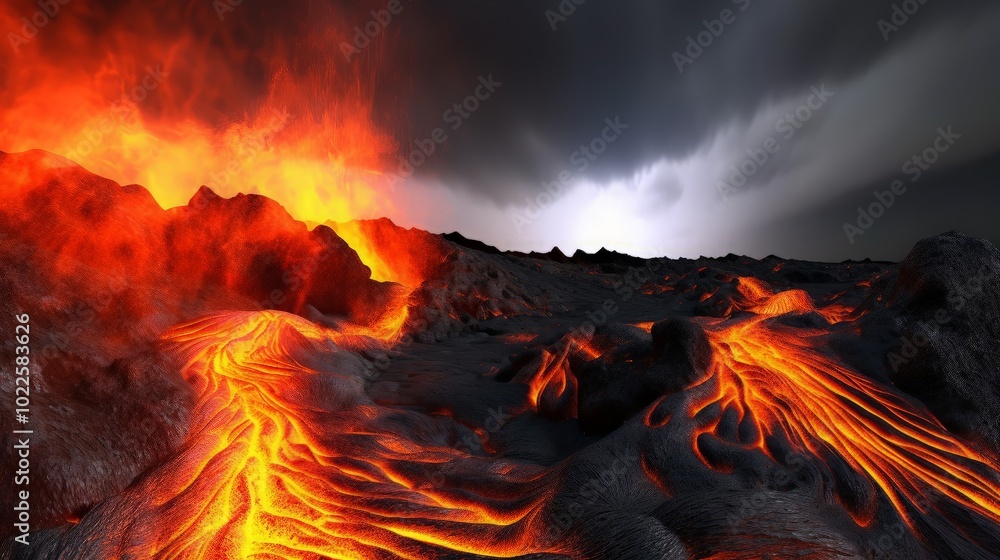 Molten lava flows down a volcanic hillside as a fiery eruption erupts in the background, creating a dramatic scene of nature's power.