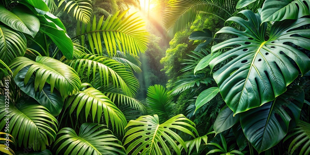 Fototapeta premium A lush canopy of vibrant green leaves, illuminated by a soft, ethereal light, creating a sense of mystery and tranquility within the verdant undergrowth.