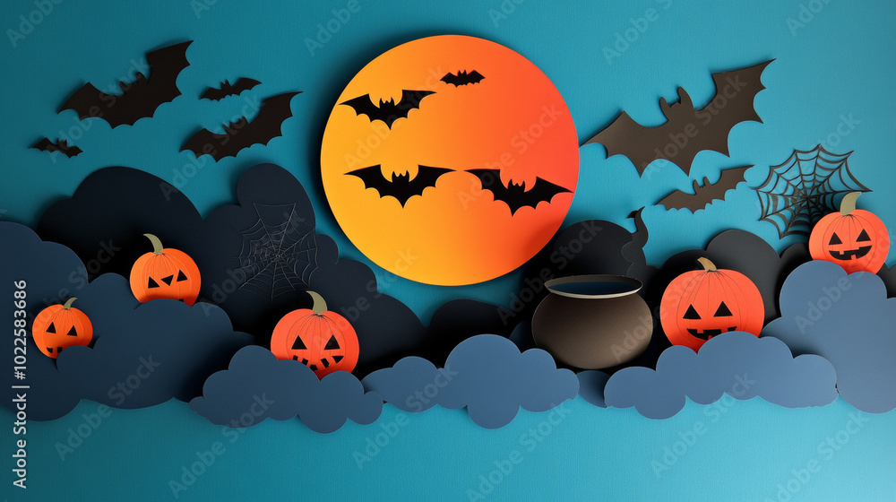 A fun Halloween banner or party invite with paper cutouts. It has clouds, bats, pumpkins, a full orange moon, spider webs, and a witch's cauldron. You can add your own message! A fun Halloween banner or party invite with paper cutouts. It has clouds, bats, pumpkins, a full orange moon, spider webs, and a witch's cauldron. You can add your own message!