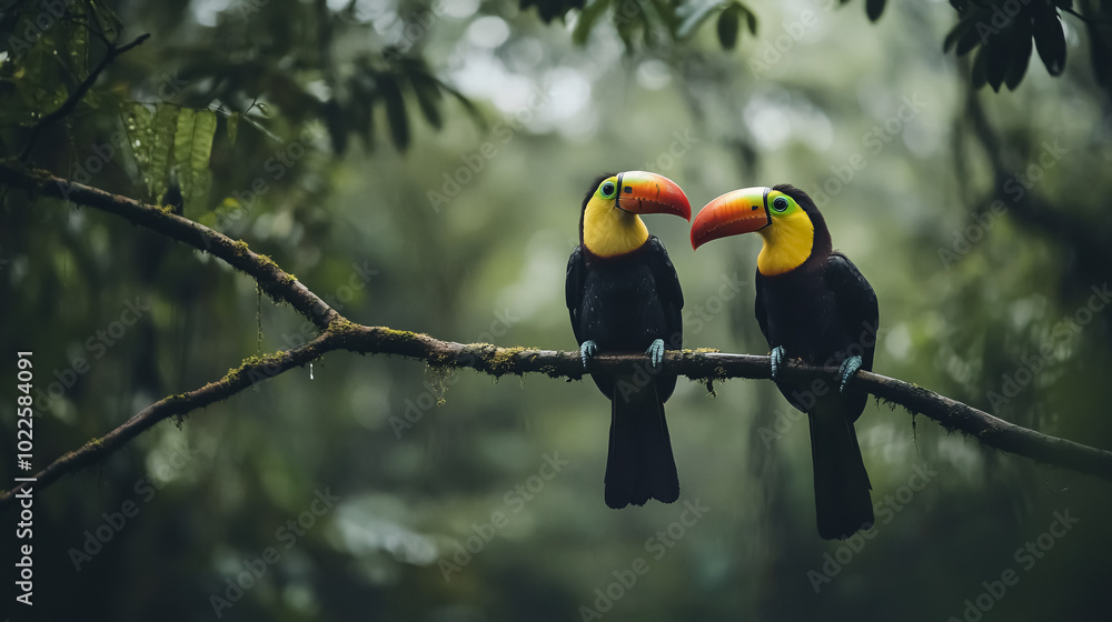 Toucan Pair in Costa Rica: Two Keel-billed Toucans (Ramphastos sulfuratus) perched on a branch amidst lush green vegetation in the forest of Costa Rica. Toucan Pair in Costa Rica: Two Keel-billed Toucans (Ramphastos sulfuratus) perched on a branch amidst lush green vegetation in the forest of Costa Rica.