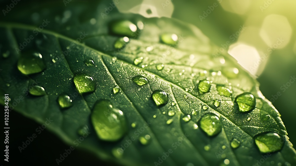 Green leaf with dew drops on it, fresh drops of water on a high quality leaf with visible veins Green leaf with dew drops on it, fresh drops of water on a high quality leaf with visible veins