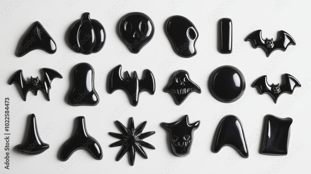 A collection of black Halloween shapes against a white background. A collection of black Halloween shapes against a white background.