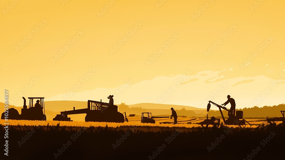 Fototapeta premium Silhouetted farm workers and machinery at sunset harvesting crops.