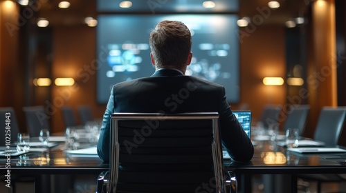 A professional analyzing data on a laptop while sitting in a corporate boardroom