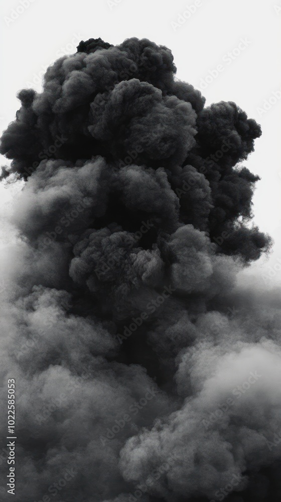 A dense cloud of black smoke billowing upwards, creating a dramatic and ominous atmosphere. A dense cloud of black smoke billowing upwards, creating a dramatic and ominous atmosphere.