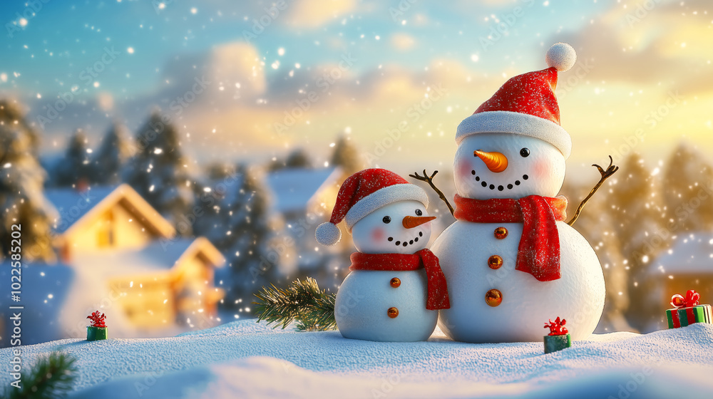 Fototapeta premium Cheerful snowman duo in festive attire on a snowy winter's day.