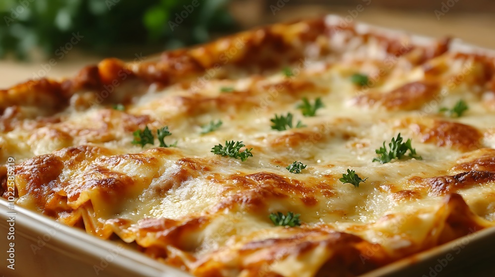 Fresh cooked lasagna, cheesy delicious lasagna golden top with a touch of greens Fresh cooked lasagna, cheesy delicious lasagna golden top with a touch of greens