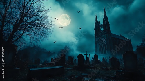Cemetery landscape view in dark night under the moonlight, graveyard is full of tombstones and there is a chapel in background with blue and teal night sky, scary Halloween theme