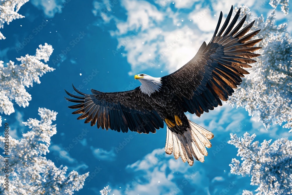 Obraz premium A regal bird glides effortlessly through a pristine sky, its expansive wings embodying the essence of freedom and the splendor of the natural world.