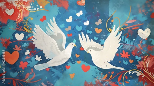 A creative illustration of peace doves soaring through the sky, surrounded by symbols of unity and love, commemorating the International Day of Peace photo