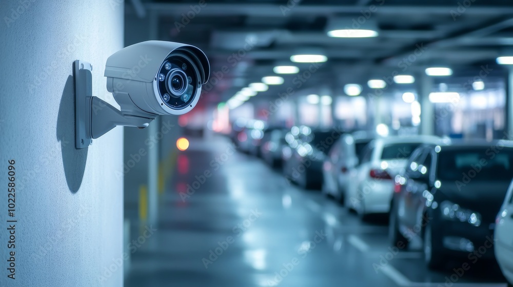 A security camera mounted on a wall in a dimly lit parking garage. The camera is pointed towards a row of parked cars in the background. A security camera mounted on a wall in a dimly lit parking garage. The camera is pointed towards a row of parked cars in the background.