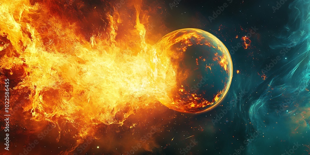 Great fire explosion on a planet in space, fire blaze flame around a single planet illustration background Great fire explosion on a planet in space, fire blaze flame around a single planet illustration background