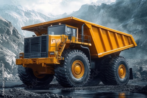 Yellow dump truck in a quarry. Perfect for construction, mining, or industrial projects.