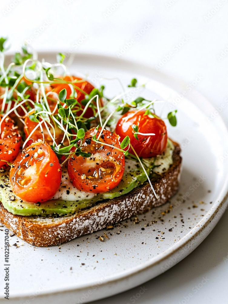 A stylish dish of creamy toast adorned with vibrant cherry tomatoes and delicate microgreens, elegantly displayed on a sleek white plate against a radiant backdrop. A stylish dish of creamy toast adorned with vibrant cherry tomatoes and delicate microgreens, elegantly displayed on a sleek white plate against a radiant backdrop.