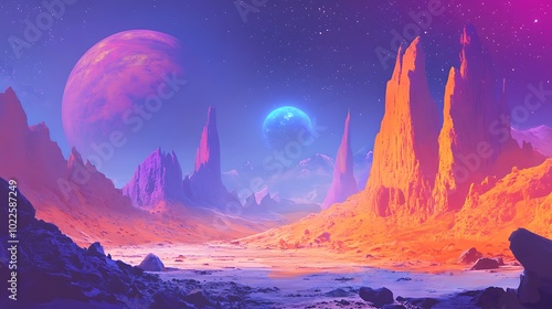 Abstract colorful background of a unique beautiful fantasy space with planets, nebulas and stars from land view with mountains and dusty hills, mystical landscape with strange astronomical objects