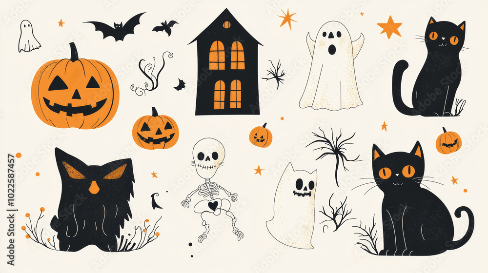 Enjoy a spooky Halloween! This set includes cute illustrations of pumpkins, cats, skeletons, and ghosts. Perfect for creating greeting cards, posters, and backgrounds. Enjoy a spooky Halloween! This set includes cute illustrations of pumpkins, cats, skeletons, and ghosts. Perfect for creating greeting cards, posters, and backgrounds.