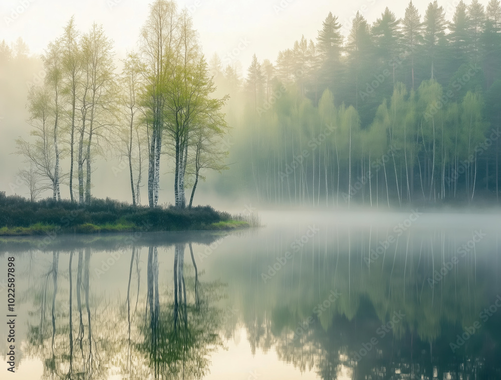 Early morning mist envelops tranquil lake and trees reflecting in calm waters with a touch of spring greenery Early morning mist envelops tranquil lake and trees reflecting in calm waters with a touch of spring greenery