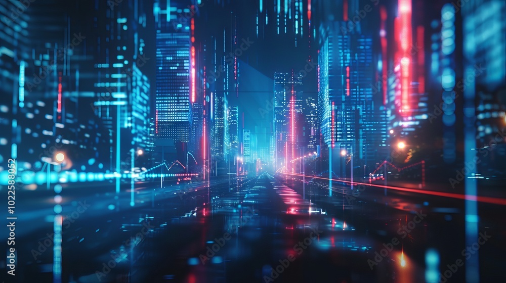 Futuristic 3D render of stock market and fintech forex concept with blurry blue digital charts on dark blue background, highlighting financial data analysis and technology Futuristic 3D render of stock market and fintech forex concept with blurry blue digital charts on dark blue background, highlighting financial data analysis and technology