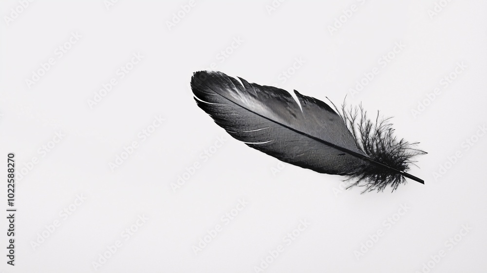 A solitary feather rests gracefully on a pristine white backdrop, revealing its intricate patterns in shades of black and gray. A solitary feather rests gracefully on a pristine white backdrop, revealing its intricate patterns in shades of black and gray.
