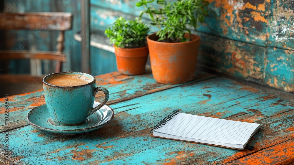 A cozy coffee scene with a cup, notebook, and potted plants on a rustic table. A cozy coffee scene with a cup, notebook, and potted plants on a rustic table.