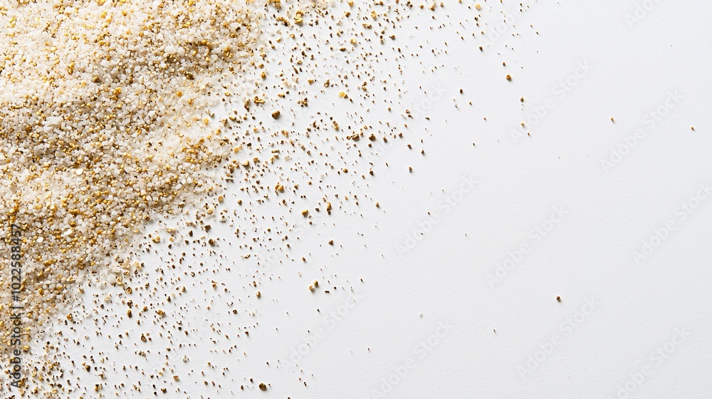 Textured grains of warm beige and gold sand arranged on a light surface, perfect for artistic backgrounds or design accents. Textured grains of warm beige and gold sand arranged on a light surface, perfect for artistic backgrounds or design accents.