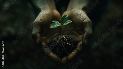 A pair of hands gently cupping a sapling with roots, symbolizing growth and sustainability.  photo