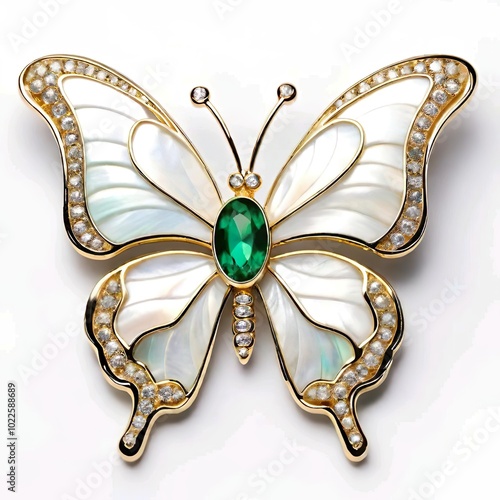 Beautiful butterfly brooch featuring emerald accents and mother-of-pearl inlay set in a gold framework, perfect for making elegant fashion statements.