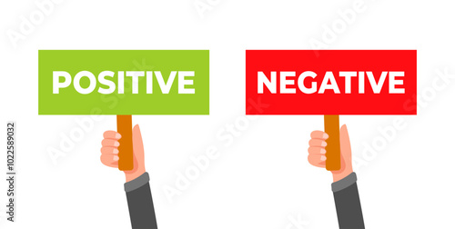 Businessman hands holding positive and negative signs banners placards