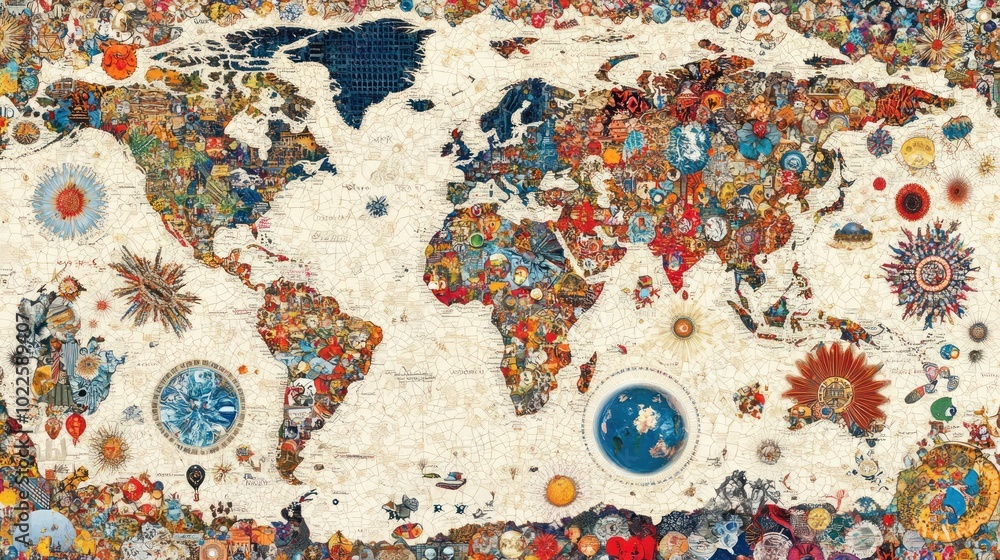 Naklejka premium A colorful world map composed of various artistic elements representing global cultures.