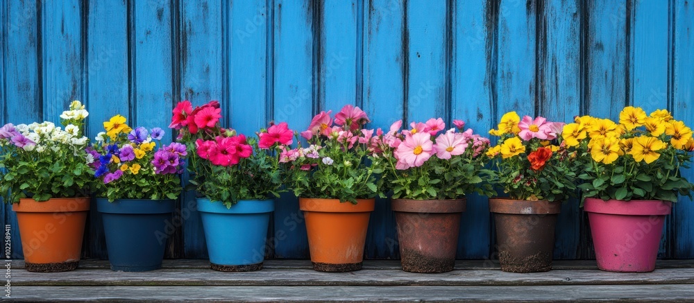 Fototapeta premium Colorful flowers in pots against a blue wooden background.