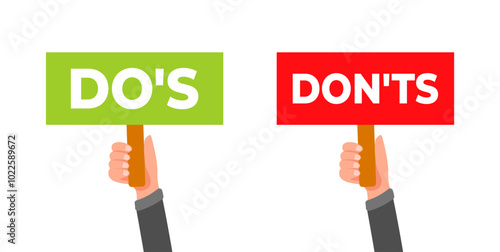Businessman hands holding signs with dos and donts listing rules