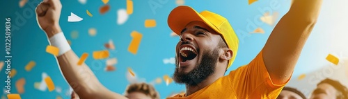 A joyful sports fan in a vibrant orange hat cheers with excitement amidst colorful confetti, celebrating a thrilling victory in a lively atmosphere. photo